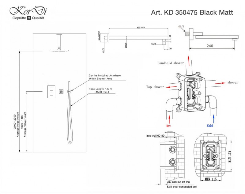 Душевой набор KorDi Black Night KD 350475 Thermo Quadro 3-way Black Matt